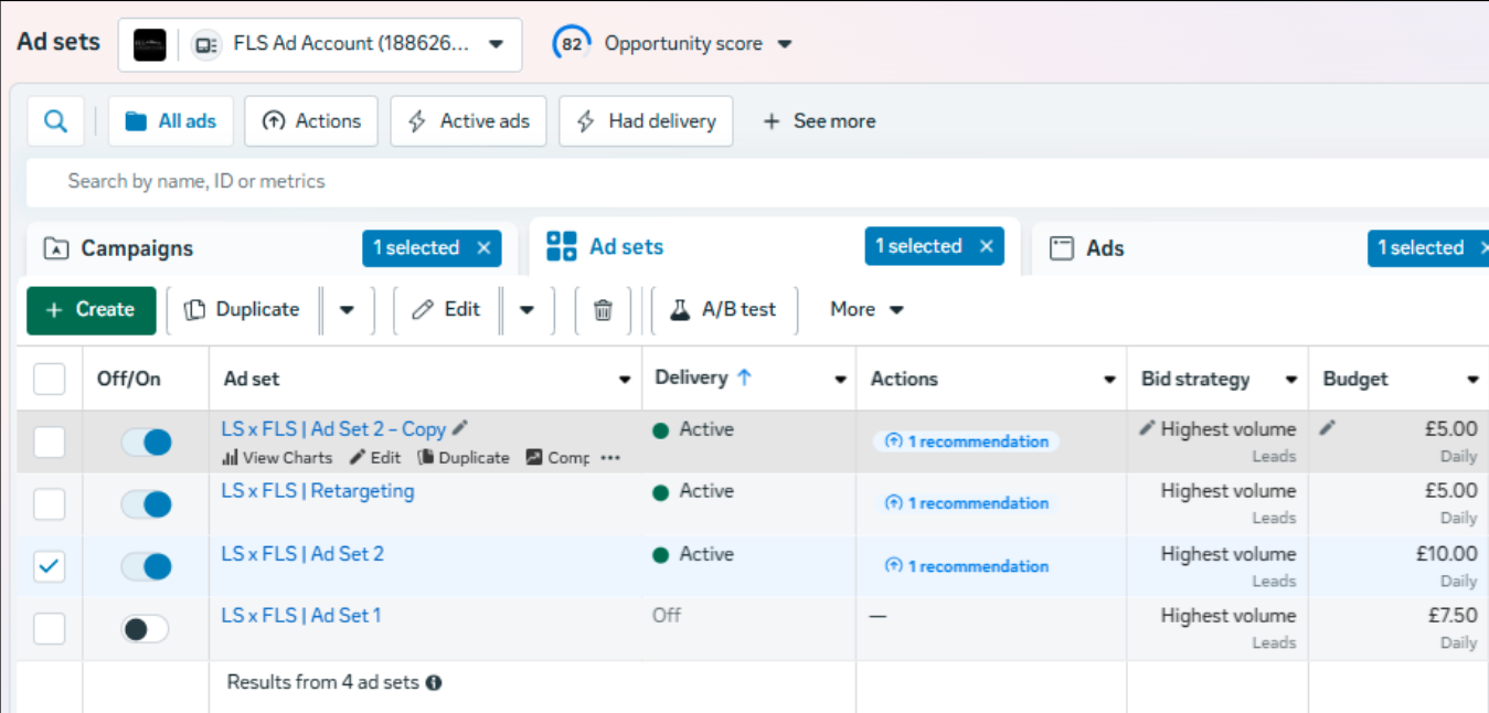 Meta Ads campaign overview showing active ad sets